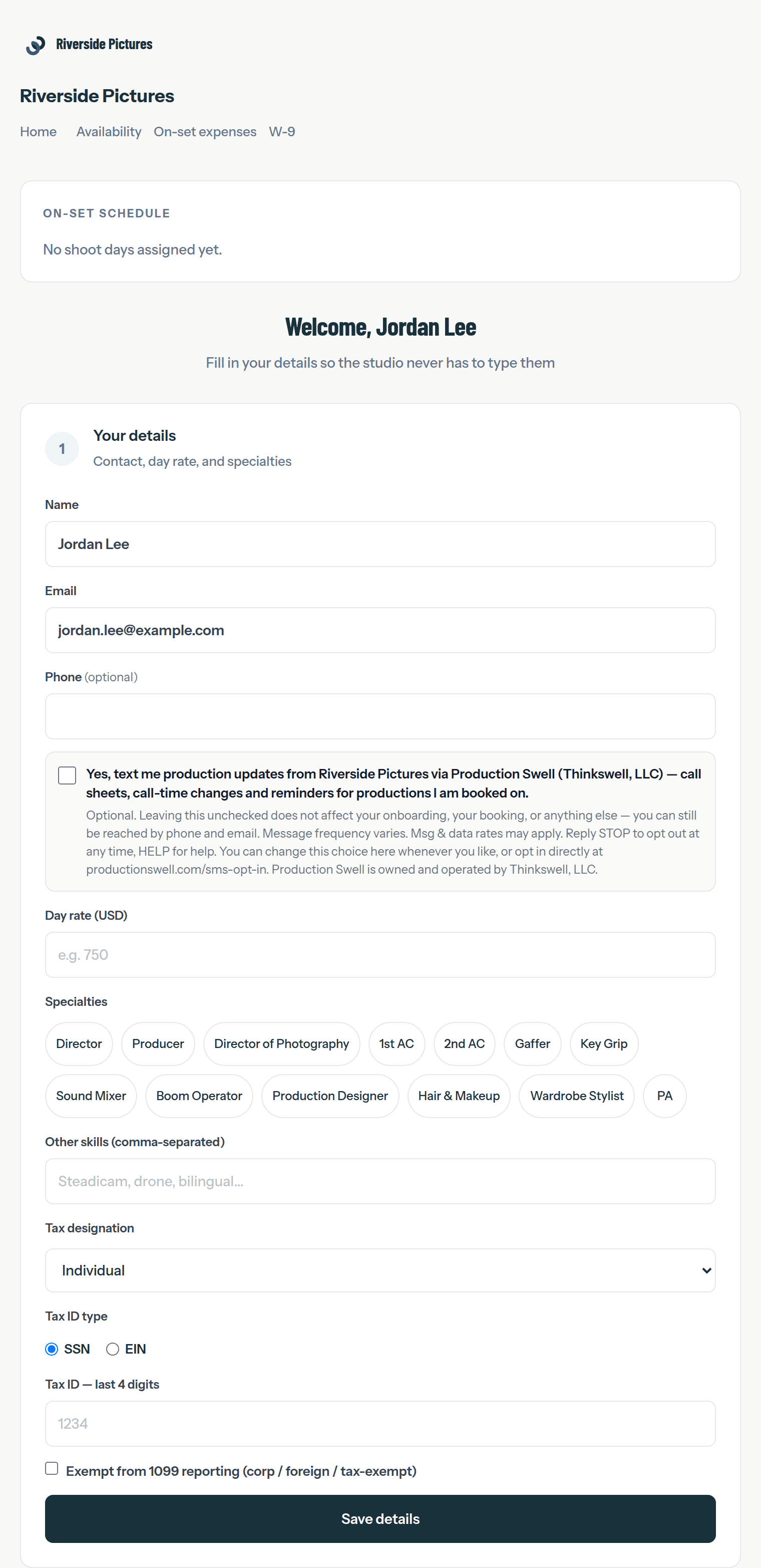 Crew profile form: name and email, an optional phone field, an unchecked optional text-message checkbox with its fine print, and the Save details button