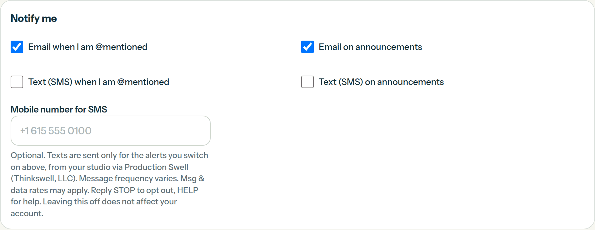 Project notification settings: text alerts unchecked by default, the mobile-number field and the consent notice beneath it